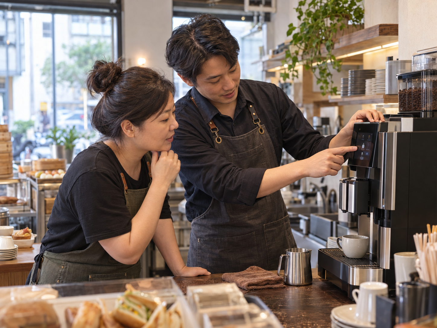 咖啡顧問在餐飲店協助店主設定咖啡機